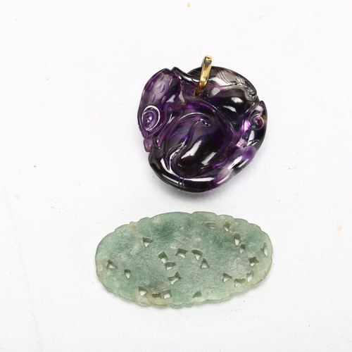 184 - A Chinese fluorite 'Pomegranate' pendant, with yellow metal clasp, and a green jade 'Gourd' panel, l... 