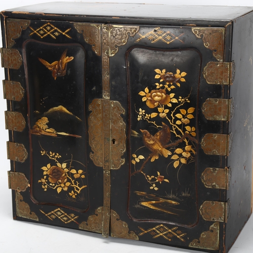 195 - A 19th century Japanese lacquer table-top jewellery cabinet, with floral and bird decoration, brass ... 