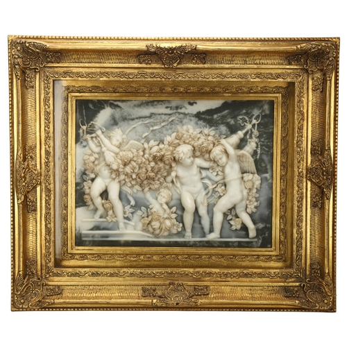 199 - A Neo-classical Revival carved relief faux marble panel of cherubs, in gilt frame, panel size 39 x 3... 