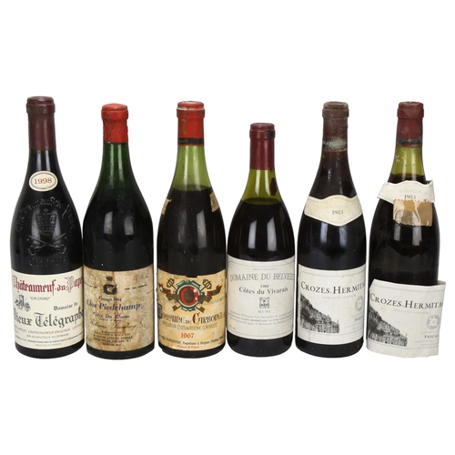 211 - 6 bottles of French red wine, 2 Crozes-Hermitage 1983, Pascal, Cotes du Vivarais, Belvezet 1988, Clo... 