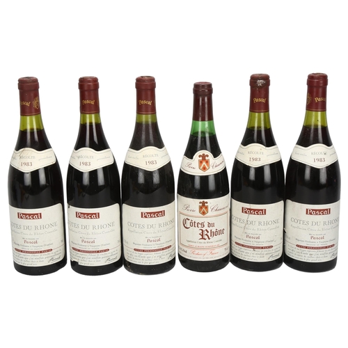 216 - 6 bottles of French red wine, 5 x 1983, Cotes du Rhone, Pascal, 1 bottle Cotes du Rhone, Pierre Chau... 