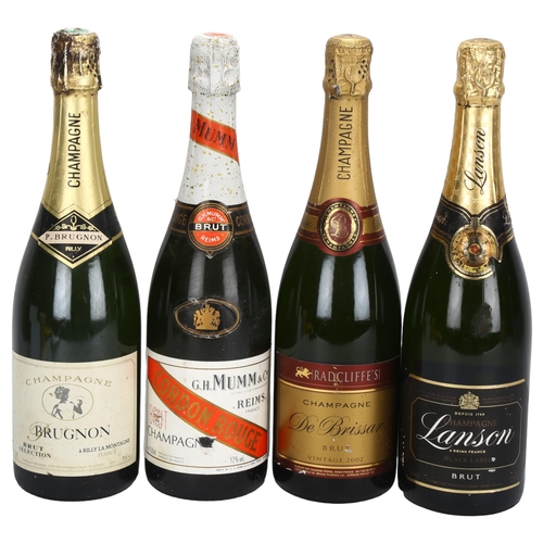 218 - 4 bottles of Champagne, Lanson NV Black Label, Mumm NV Cordon Rouge, Radcliffe's De Brissar 2002, P.... 