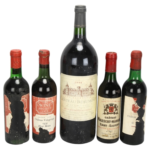 221 - A magnum of 1998 Chateau Beaumont, Haut Medoc, and 4 half bottles red wine including 1959 Chateau Vi... 