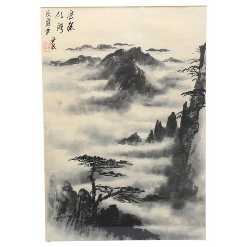 232 - A Chinese watercolour mountain-top scene, with character marks, framed, image 41cm x 28cm