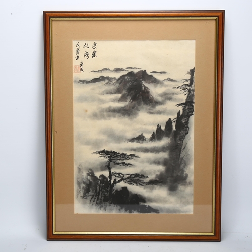 232 - A Chinese watercolour mountain-top scene, with character marks, framed, image 41cm x 28cm