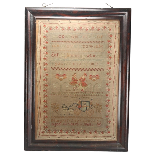 234 - A large 19th century sampler, by Margaret Coy Crowle aged 12 years, dated 1848, framed, sampler 63 x... 