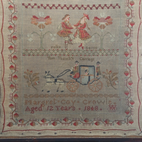 234 - A large 19th century sampler, by Margaret Coy Crowle aged 12 years, dated 1848, framed, sampler 63 x... 