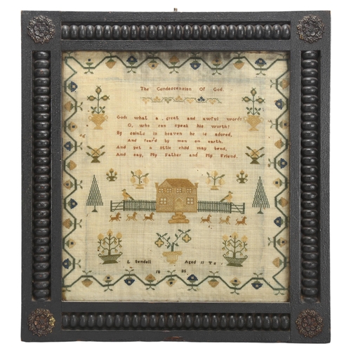 235 - A 19th century sampler, by E Sendell, aged 11 years, dated 1835, in later turned wood frame, sampler... 