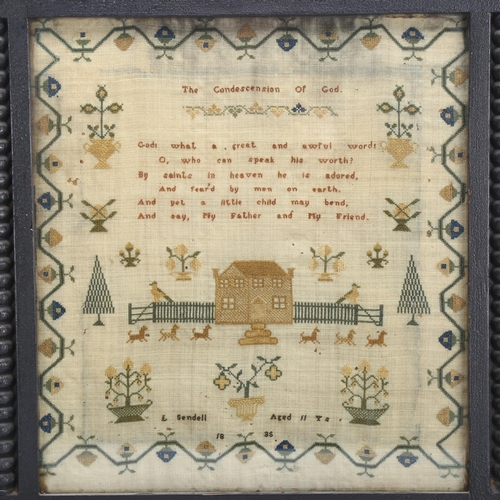 235 - A 19th century sampler, by E Sendell, aged 11 years, dated 1835, in later turned wood frame, sampler... 