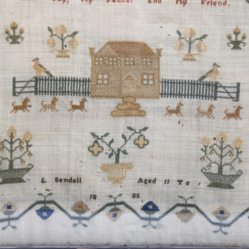 235 - A 19th century sampler, by E Sendell, aged 11 years, dated 1835, in later turned wood frame, sampler... 