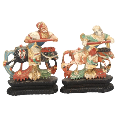 239 - A pair of Antique Chinese wood carved figures on horseback, on wood stands, height 13cm