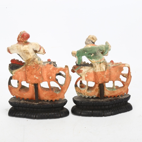 239 - A pair of Antique Chinese wood carved figures on horseback, on wood stands, height 13cm