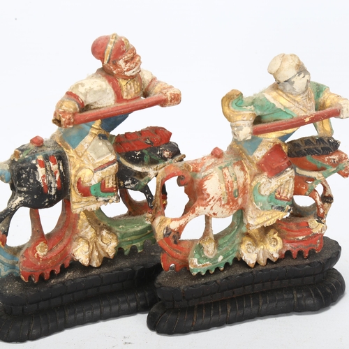 239 - A pair of Antique Chinese wood carved figures on horseback, on wood stands, height 13cm