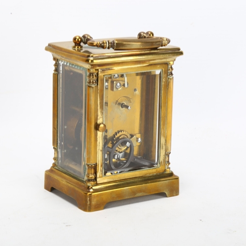 242 - A French brass-cased carriage clock, white enamel dial with Roman numerals and bevelled-glass exhibi... 