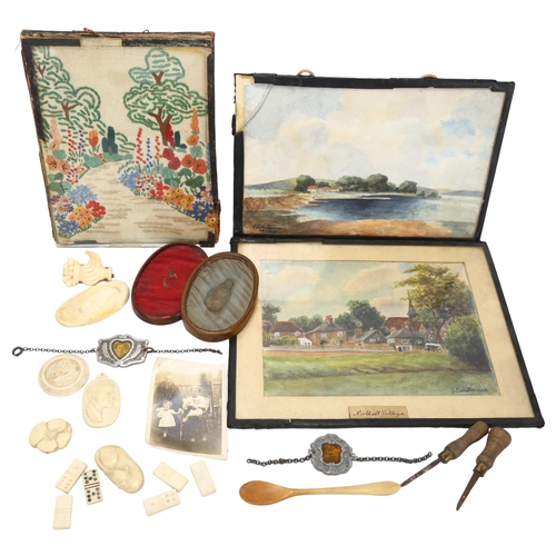 245 - An early 20th century collection of artwork by Mrs G Constance, including bone carvings with origina... 