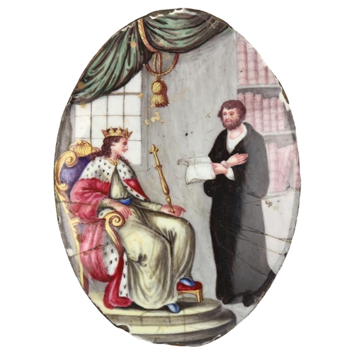 248 - A 19th century oval handpainted enamel on copper panel, depicting Monarch and servant, length 9cm