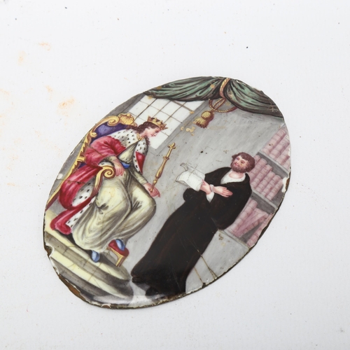 248 - A 19th century oval handpainted enamel on copper panel, depicting Monarch and servant, length 9cm