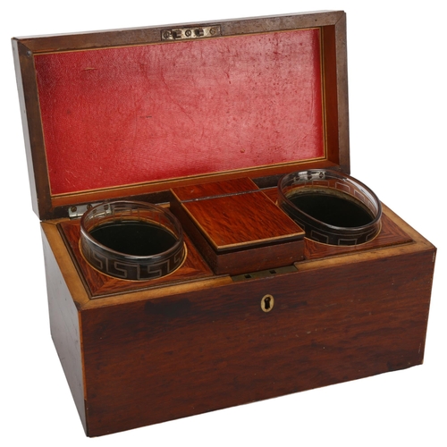 250 - A Georgian mahogany tea caddy, with fitted interior and etched Greek Key glass, 30.5 x 15.5cm, heigh... 