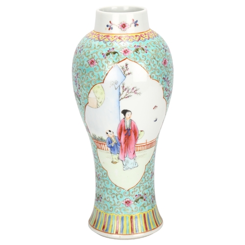 270 - A Chinese famille rose Mei Ping vase, turquoise ground with figures in courtyard, with 4 character m... 