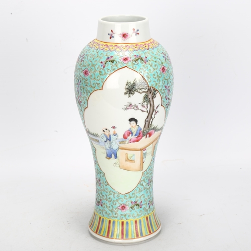 270 - A Chinese famille rose Mei Ping vase, turquoise ground with figures in courtyard, with 4 character m... 