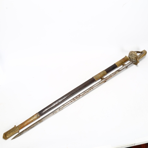 273 - An 1827 pattern Naval Officer's sword in leather-mounted scabbard, and shagreen handle, length 96cm