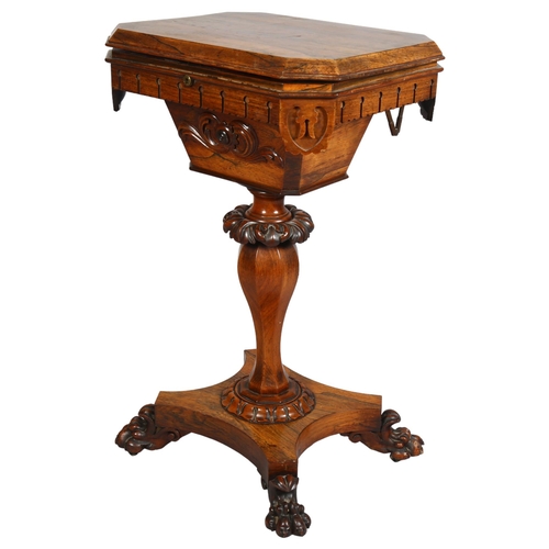 278 - A Victorian carved rosewood sewing table, with fitted interior, on paw feet, height 75cm