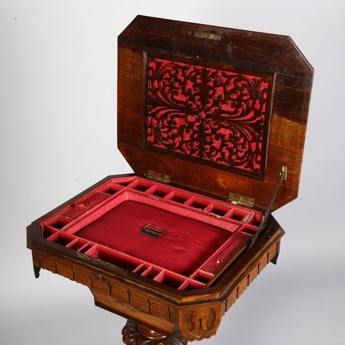 278 - A Victorian carved rosewood sewing table, with fitted interior, on paw feet, height 75cm