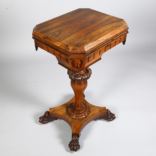 278 - A Victorian carved rosewood sewing table, with fitted interior, on paw feet, height 75cm