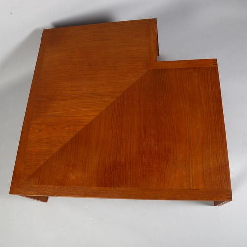 499 - A mid-century Danish teak corner coffee table by France & Son with maker’s metal label, 95cm sq, hei... 