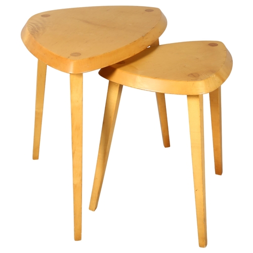 510 - 2 mid-century birch nesting tables of triangular form, tallest 50cm