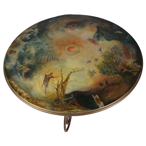 520 - A late 20th century painted table on wrought iron base, in the Hollywood Regency manner, the top fin... 