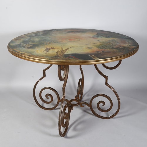 520 - A late 20th century painted table on wrought iron base, in the Hollywood Regency manner, the top fin... 