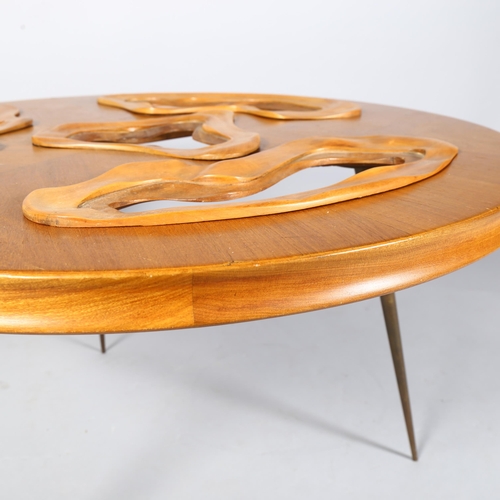 523 - A mid-century Brazilian fruitwood coffee table, with organic abstract fruitwood inserts, on solid br... 