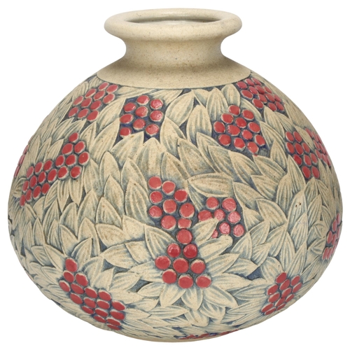 537 - Joseph Mougin (1876-1961) for Mourgin, Nancy, an early/mid 20th century ceramic vase, carved berry d... 