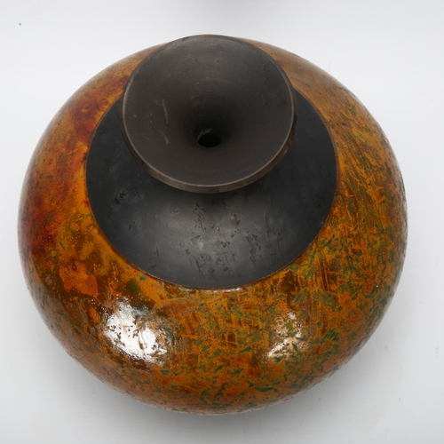 413 - Andrew Hill, a large raku vase, the mottled orange glazed bulbous form with black everted neck, with... 