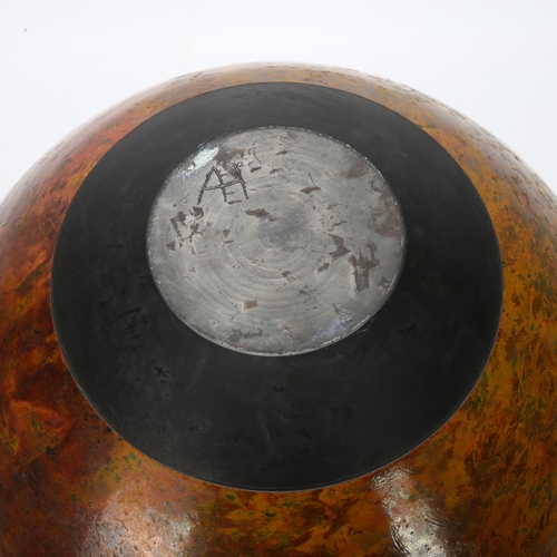 413 - Andrew Hill, a large raku vase, the mottled orange glazed bulbous form with black everted neck, with... 