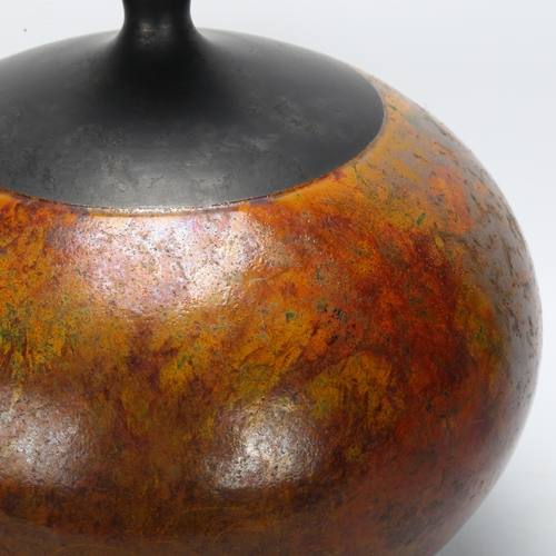 413 - Andrew Hill, a large raku vase, the mottled orange glazed bulbous form with black everted neck, with... 