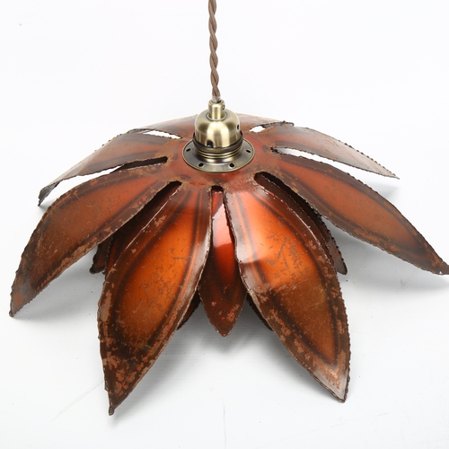 427 - A hand made brutalist metal light fitting, circa 1970s', cut steel, bronzed flower shade, diameter 4... 