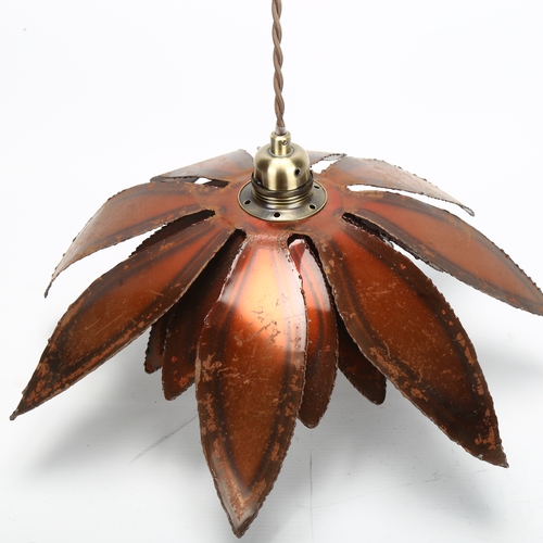 427 - A hand made brutalist metal light fitting, circa 1970s', cut steel, bronzed flower shade, diameter 4... 