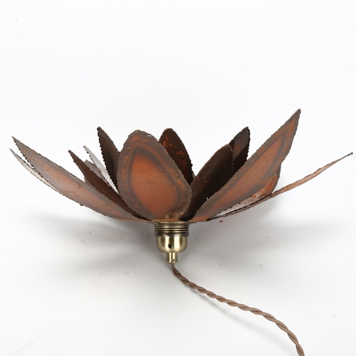 427 - A hand made brutalist metal light fitting, circa 1970s', cut steel, bronzed flower shade, diameter 4... 