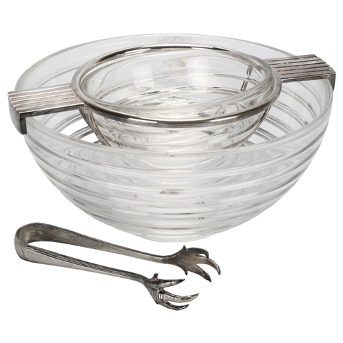 445 - Riedel Glass, a mid-century ribbed glass caviar bowl, with silver plated mounts and tongs, diameter ... 