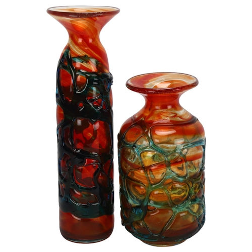 450 - Two orange Mdina glass vases with blue trailed decoration, tallest 31.5cm