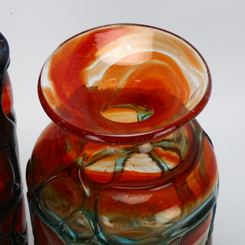 450 - Two orange Mdina glass vases with blue trailed decoration, tallest 31.5cm