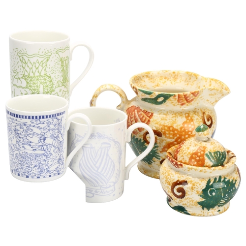 452 - 3 Kate Malone designed ceramic mugs and 2 pieces of Moorland spongeware, all with makers marks.