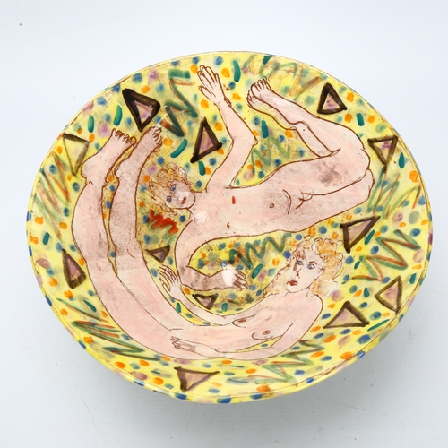 489 - Karen Atherley, studio pottery bowl, hand painted nudes to interior, signed to base, diameter 25cm