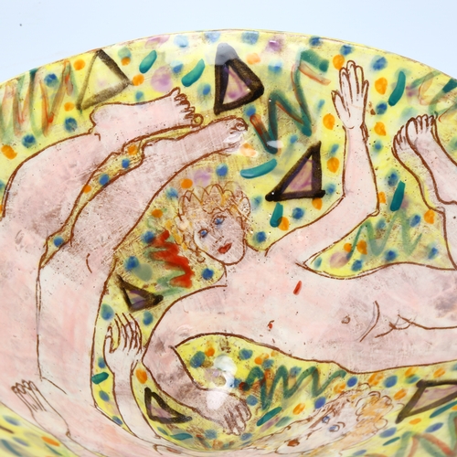 489 - Karen Atherley, studio pottery bowl, hand painted nudes to interior, signed to base, diameter 25cm