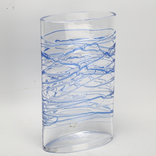 491 - A 21st century Dartington Crystal Art Glass vase with blue glass thread decoration, with makers labe... 