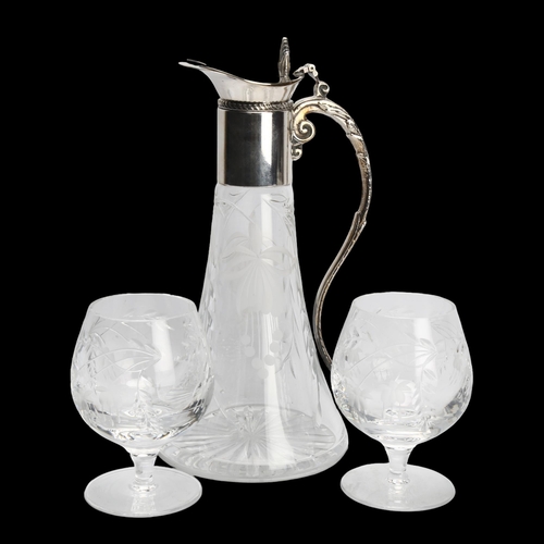 492 - A mid-century, Royal Doulton etched glass claret jug and 2 brandy balloons, with Fuchsia decoration,... 