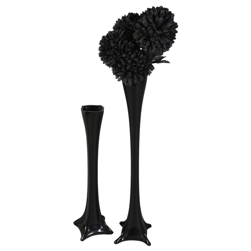 438 - 2 large mid-century black glass stem vases, tallest 82cm