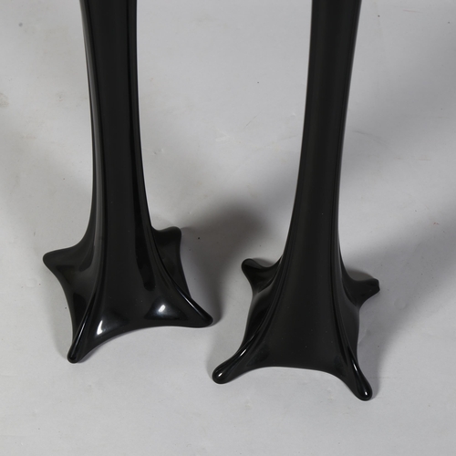 438 - 2 large mid-century black glass stem vases, tallest 82cm